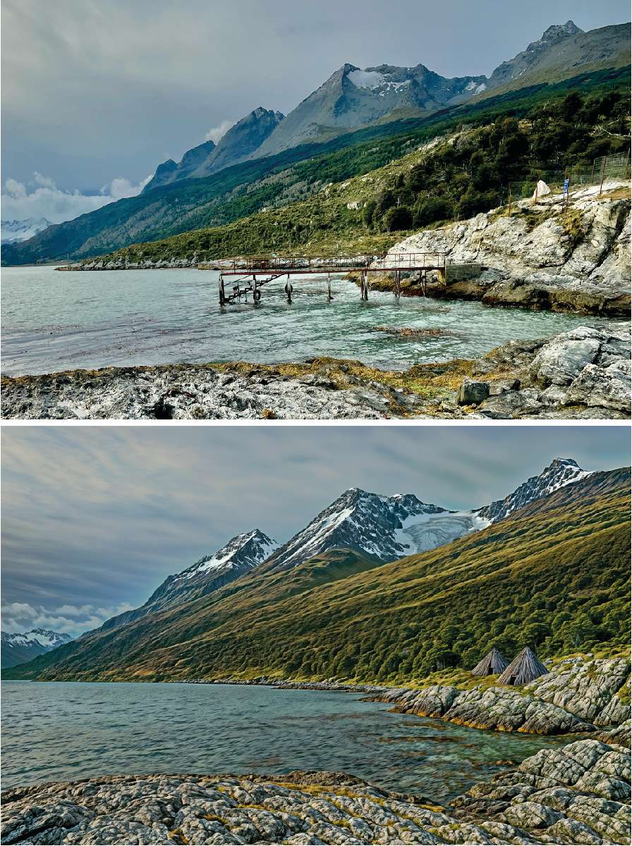 1834 – Az AI által alkotott kép ugyanerről a partszakaszról, de Darwin korából. Lényegesen több a jég: a kárfülkéket kitöltő gleccserek uralták a legmagasabban húzódó övezetet, és 800 m-ig ereszkedtek. A parton akkoriban még az őslakosok lakhelyei álltak Fotó: Nagy Balázs