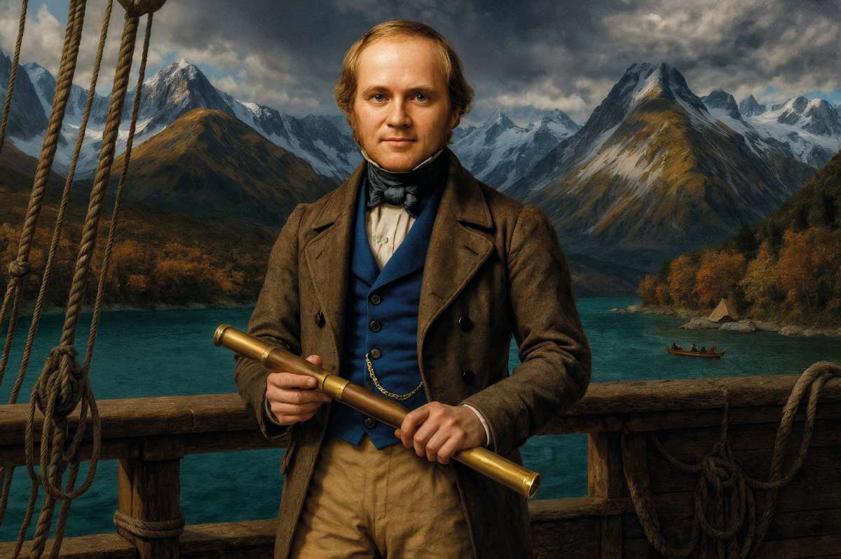 Darwin az öbölben – 1834 tavaszán Darwin erre hajózott a Beagle fedélzetén. Az AI-készítette kép hátterében „visszajegesítettük” a Pirámide-vonulat szirtjeit Fotó: Nagy Balázs