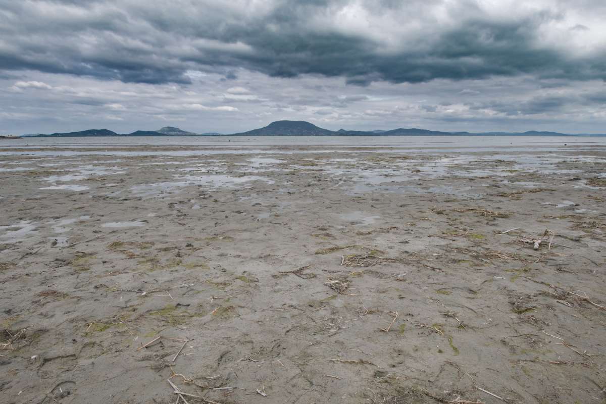 A strandolókat felváltották a katasztrófaturisták – A Balaton szárazra kerülő medre Balatonfenyvesnél 2025 októberében Fotó: Jakab Gusztáv